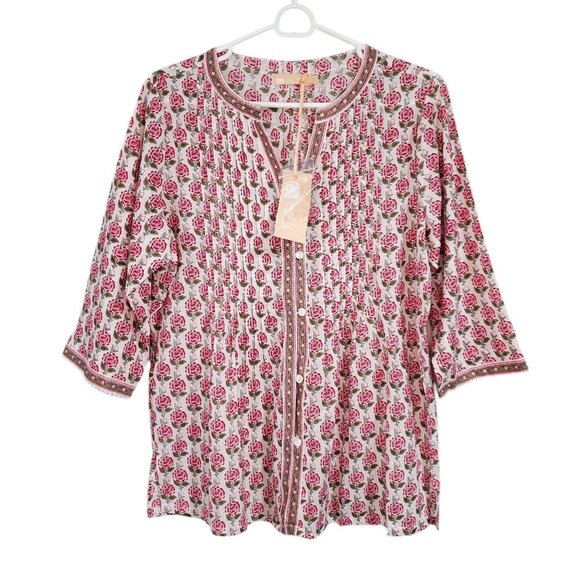 La Cera Rose Floral 1/2 Sleeve Cottage Button Front Tunic Top - Small - Picture 1 of 8